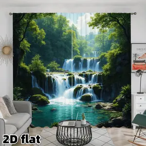 2D Flat 2Pcs Green Forest Waterfall Curtains, Nature Landscape Scene, Rod Pocket Style, Semi Sunshade Polyester Fabric, Tranquil Turquoise Pool Design, Suitable for Living Room Bedroom Kitchen Balcony Bathroom Window Decoration, Easy to Clean