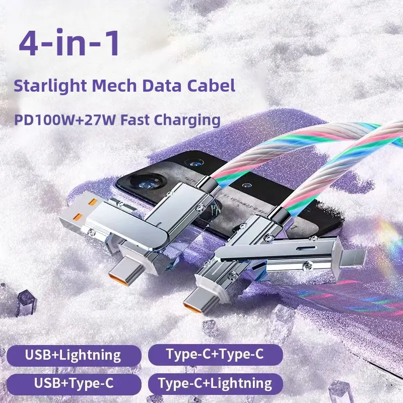 2025 New 100W 4-in-1 Charging Cable. Starlight-Mech Data Cable. USB+Type C+Lightning. Multi-functional Aluminum Alloy, Compatible. Android Charger