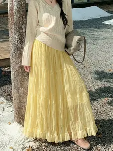 French Versatile Pleated Mesh Skirt, Spring & Fall New Dopaamine Candy Color A-Line Long Umbrella Skirt, Casual Fitted Style