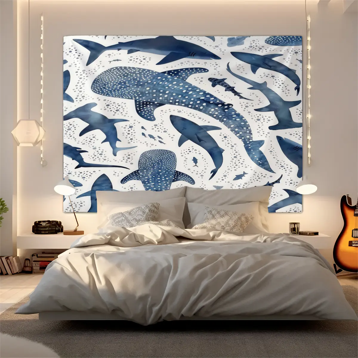 1Pcs Whimsical Underwater Sharks Tapestry, Colorful Watercolor Wall Hanging, Perfect for Beach House Decor, Home Bedroom Decor, Unique Tapestries for Kids' Rooms, Living Room, Bedroom, or Office Decoration, Durable Decorative Tapestry