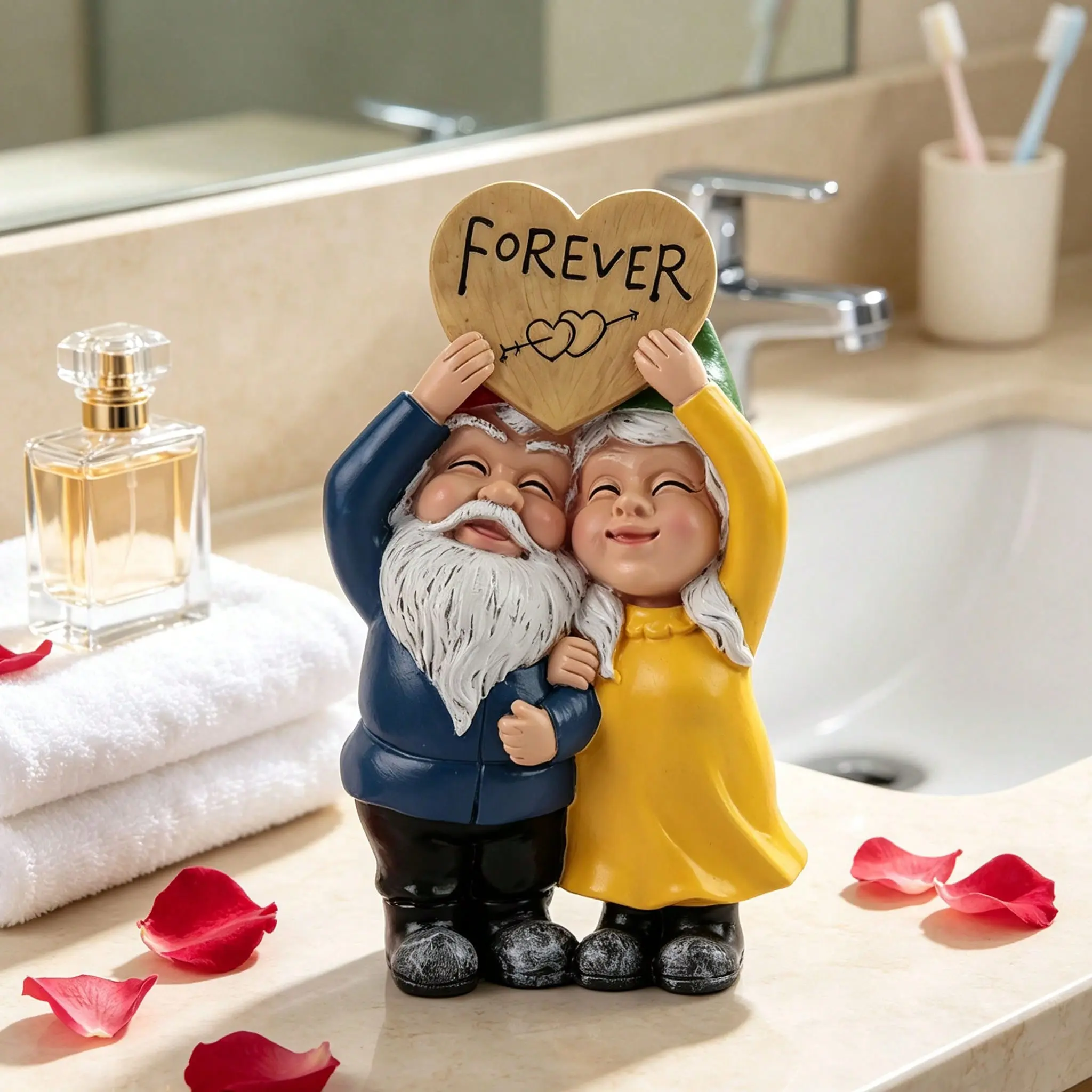 Romantic "Forever" Gnome Couple Resin Figurine - Cute Love Statue with Heart Shape, Sweet Anniversary & Wedding Gift for Her, Home Decor Shelf Accent