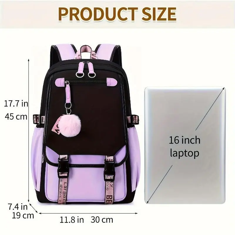 Fashionable Waterproof Ladies Backpack - Large Capacity, Purple And Black Design With Pink Embellishment, Suitable For School, Travel And Work Purposes, Durable Polyester, Casual Everyday Backpack | Cute Charm Accessories | Safety Zipper Cl Fashionable Waterproof Ladies Backpack - Large Capacity, Purple And Black Design With Pink Embellishment, Suitable For School, Travel And Work Purposes, Durable Polyester, Casual Everyday Backpack | Cute Charm Accessories | Safety Zipper Cl