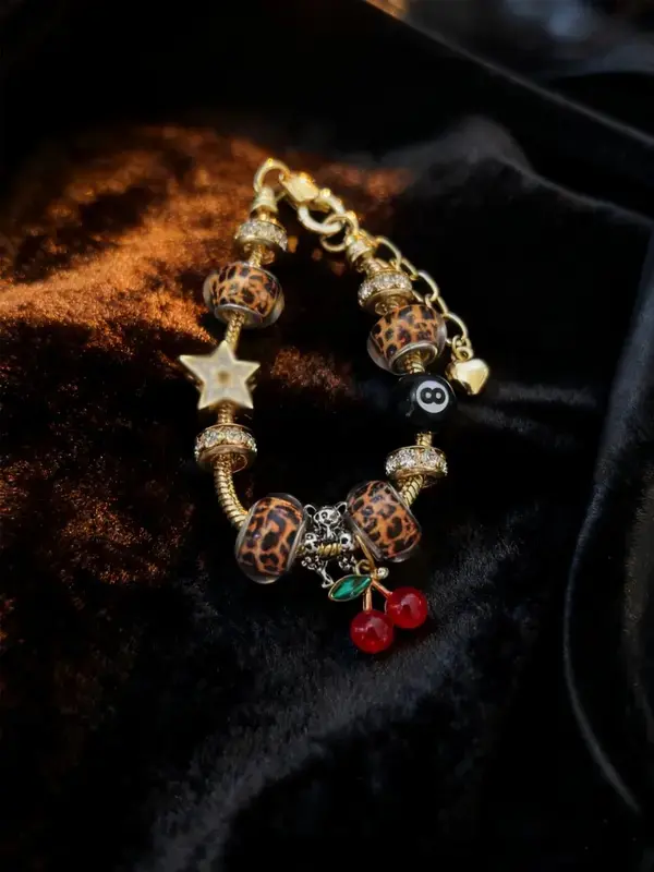 Women's Leopard Print Rhinestone Cherry Pendant Bracelet, Sexy Style Iron Chain Jewelry for All Seasons, Perfect Gift for Women