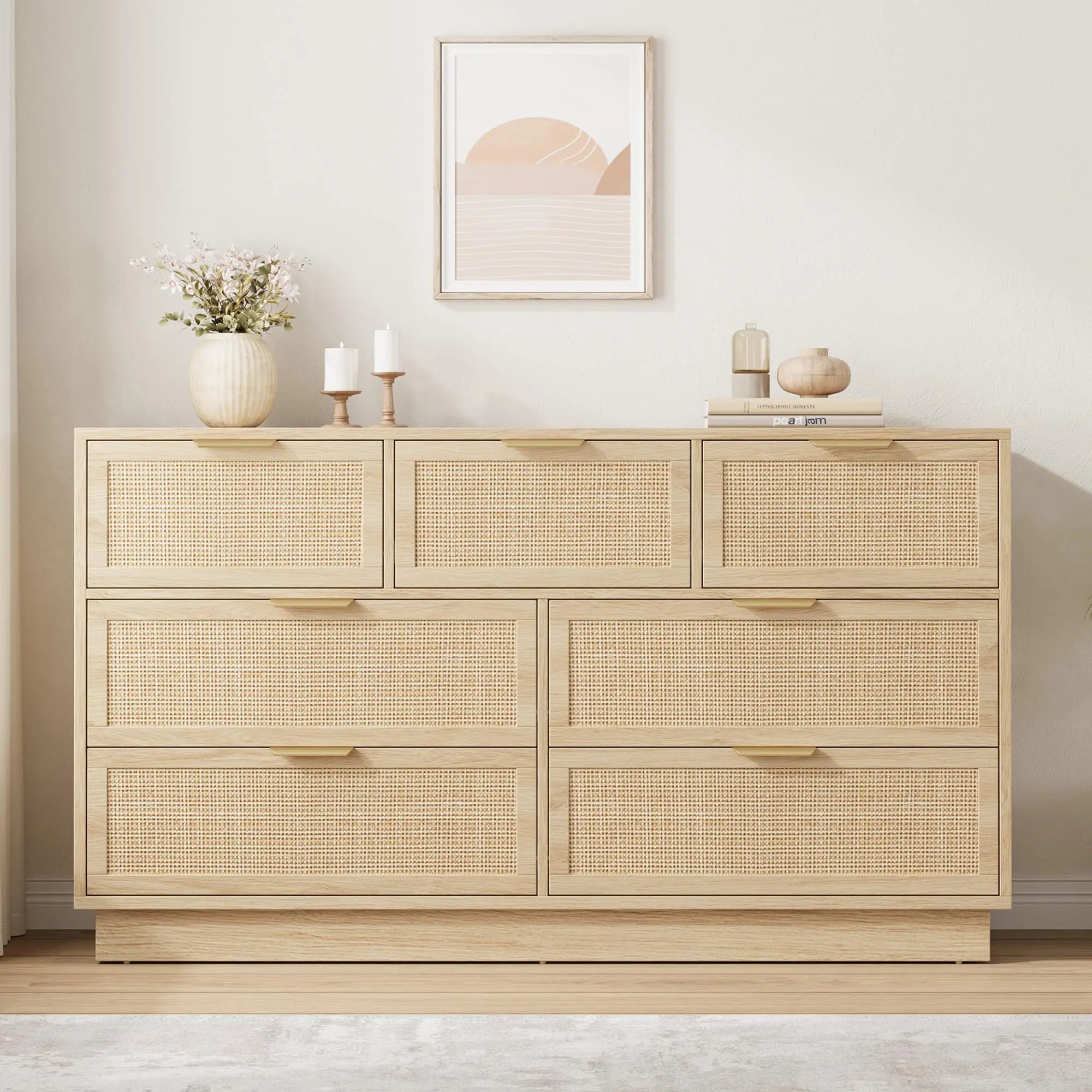 55" Rattan Weave Dresser with 7 Drawers - Boho Organic Look Wooden Chest of Drawers for Bedroom, Entryway Storage with Step-by-Step Guide, Chest Of Draws, Seven Drawers