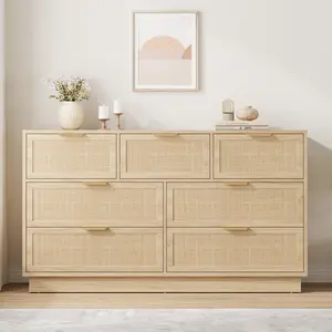 55" Rattan Dresser with 7 Drawers – Boho Wooden Chest of Drawers for Bedroom, Entryway & Closet Storage