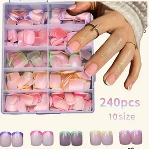 Neon Rainbow French Nail Tips, 240Pcs Short Brighter Pastel French Tip Press on Beach for Women, 5 Color Glossy Soft Gel Nail Press Ons Fake False Nails Extensions for DIY Art,Press on Women Short