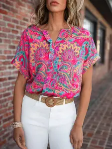 Women's Floral Short Sleeve V-Neck Shirt, Summer Casual Vacation Drop Shoulder Blouse, Paisley Print Leisure Top for Women