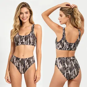 Girls' High-Waisted Camouflage Bikini Swimsuit Set - Stretchy, Quick-Drying, Lightweight Tankini Top Included for Vacation Swim Wear, Swimsuits Swim