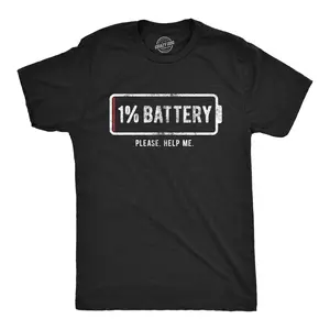 Mens 1% Battery Please Help Me T Shirt Funny Running On Empty Graphic Tee Mens Funny T Shirts Cool Vintage Fashion T-Shirt Gift Classic Menswear Funny Meme Short Sleeve Novelty Tees for Guys Black