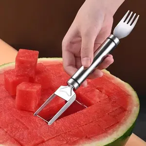 2-in-1 Watermelon Fork Slicer, Stainless Steel Fruit Cutter, Dual Head Melon Knife, Summer Kitchen Gadget