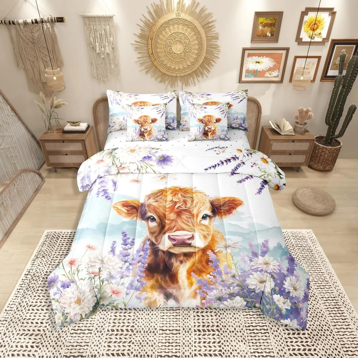 Highland Cow 7-Piece Bedding Set,Cute Cows Comforter Set with Sheets,Garden Daisy Floral Bed in A Bag Women Bedroom,Purple Lavender Bed Sets