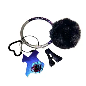 Texas Keychain Personalized Initial with Black Soft Pom Pom Blue Rose Charm with heart shaped key ring, with large detachable key ring. Universal phone holder, customization for customer requests,  Texas decor,  state pride, great gift.