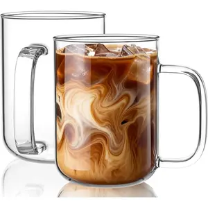 Glass Coffee Mugs 20 oz Ice Coffee Cups Large Clear Tea Cups Set of 2 Glass Mugs with Handles for Latte Cappuccino and Tea