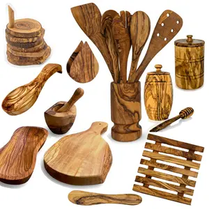 Mediterranean Olive Wood Ultimate Kitchen Collection. 25-Pcs Set. Luxury Handcrafted Wooden Accessories & Gadgets Set for Cooking, Serving, and Decor