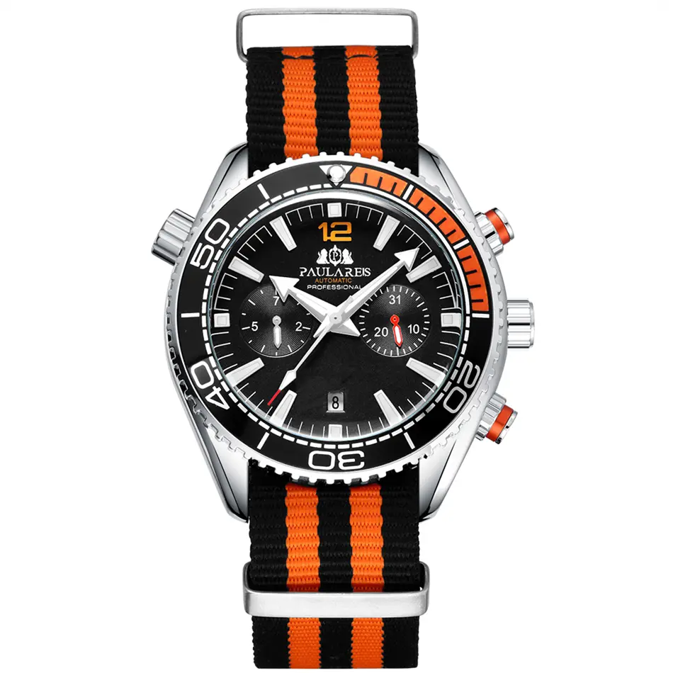 Automatic Watch for Men Mechanical Self Wind Orange Blue Canvas Multifunction Fashion Wristwatches