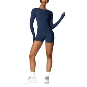 Women's Solid Round Neck Sports Tee & High Waist Shorts Tracksuit Set, Long Sleeve Tight-fitting Top & Skinny Shorts, Ladies Sportswear for Indoor Outdoor Wear, Workout Running Clothes