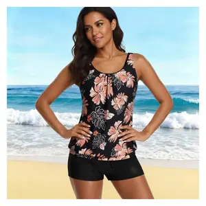 2026 New Women's Tropical Floral One-Piece Swimsuit Set - Black and Coral Swimsuit with Tummy Control Effect - Two-Piece Swimsuit - Plus Size Available