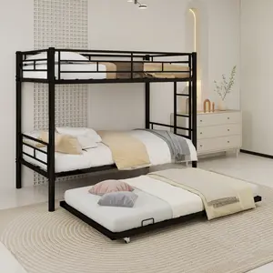 Bunk Bed (with Pull-Out Trundle) — Heavy-Duty Metal Frame, featuring Full-Length Guardrails and Ladder; Space-Saving Design, Black