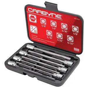 CARBYNE 7 Piece SAE Extra Long Hex (Allen) Bit Socket Set, (1/8 inch to 3/8 inch Sizes), 3/8" Drive, S2 Steel Bits, CrV Sockets • From a Family-Run Tool Company Based in the U.S.A.