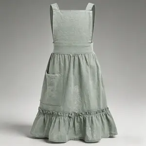 Women's Vintage Cotton Linen Ruffled Apron Dress - Adjustable Pinafore Overall with Pockets, Ideal for Cooking, Gardening, Home Care Tasks