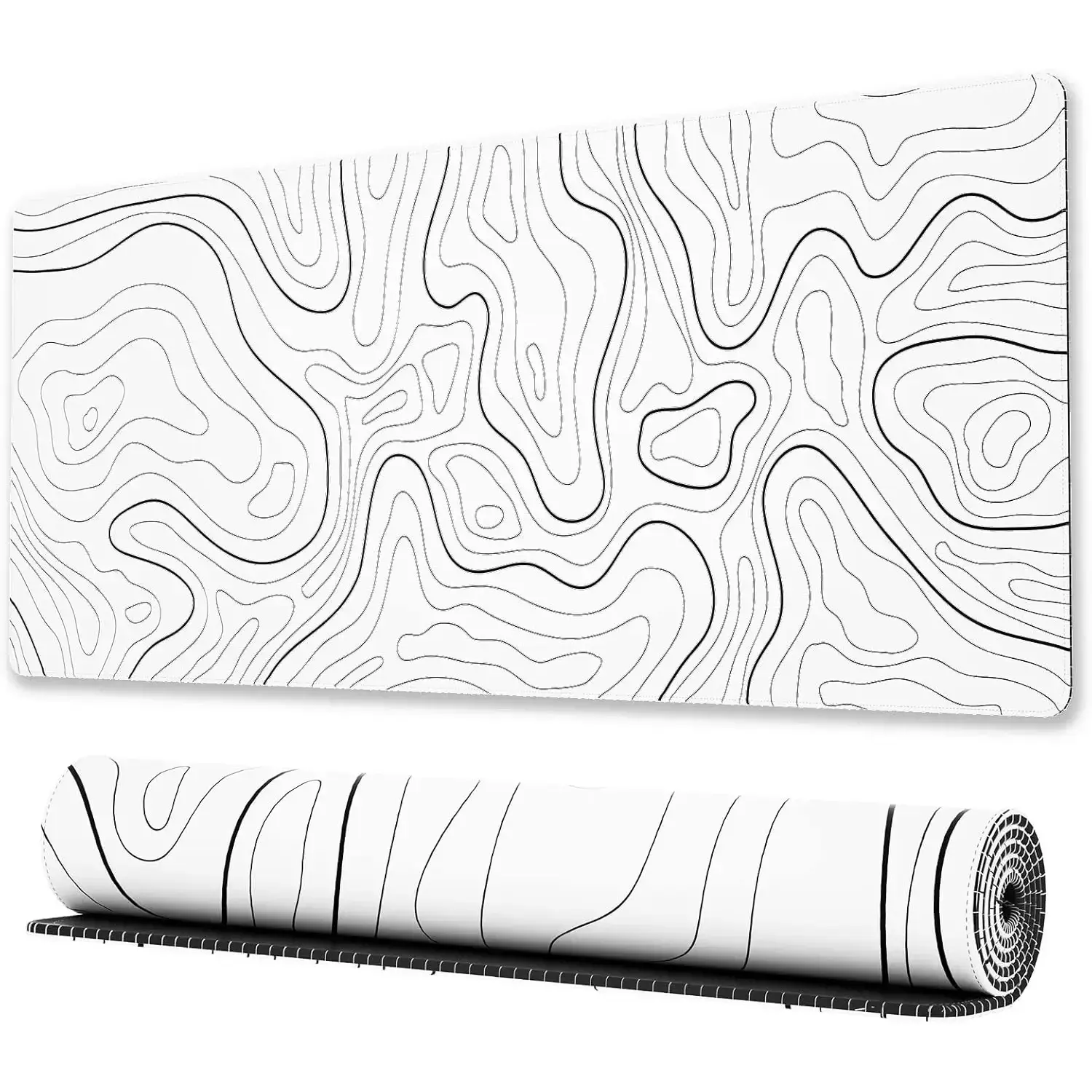 Gaming Mouse Pad, Extended XL Polyester Desk Mat with Stitched Edges, Anti-Slip Base & Topo Pattern Graphic Design, 31.5x11.8in (800x300x3mm) White Desk Organizer for Keyboard & Mouse, 800 X 300 X 3 Mm