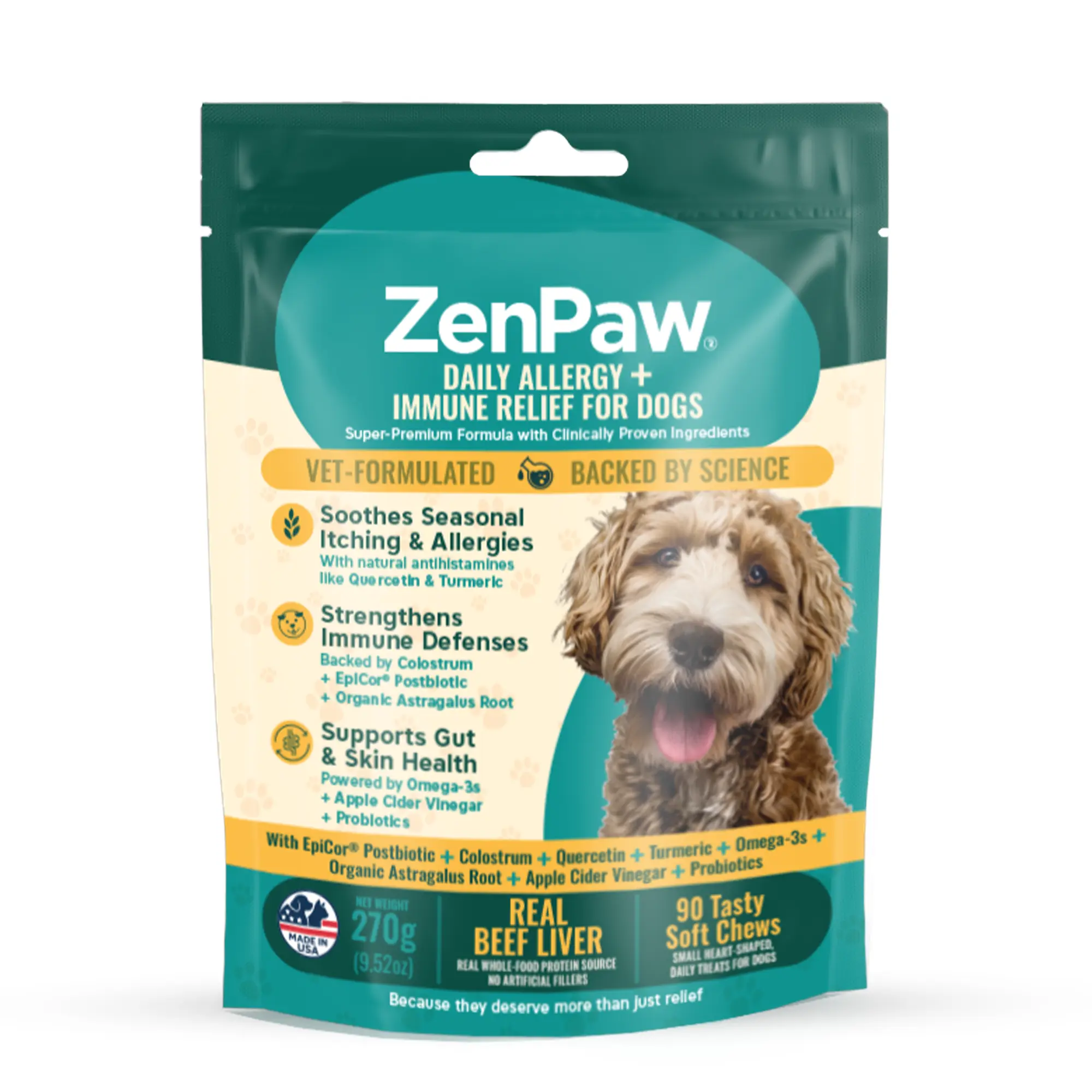 ZenPaw Vet-Formulated Dog Allergy Relief Beef Chewables with Turmeric, Colostrum, Probiotics - 90 Ct, 9.52 Oz, 24-Month Shelf Life, Itchy Skin & Ear Calmer, Immune Support, Digestive Remedy, Fur & Skin Care, Skin Soother