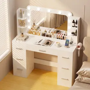 FURMAX Makeup Vanity Desk With Mirror & Lights, Large Vanity With 7 Drawers & 4 Storage Shelves
