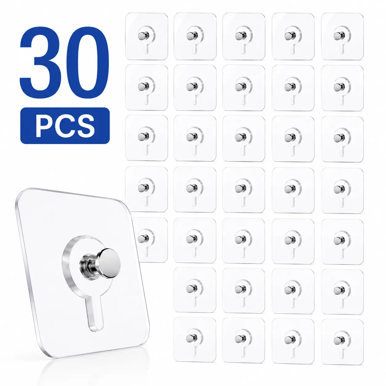 30pcs Household Metal Self-Adhesive Photo Hooks - Heavy-Duty, No-Drill, Lightweight Wall Hangers with Transparent Smooth Pad for Ceramic, Wood Frames, Utensils, Towels Minimalist Home Organizers