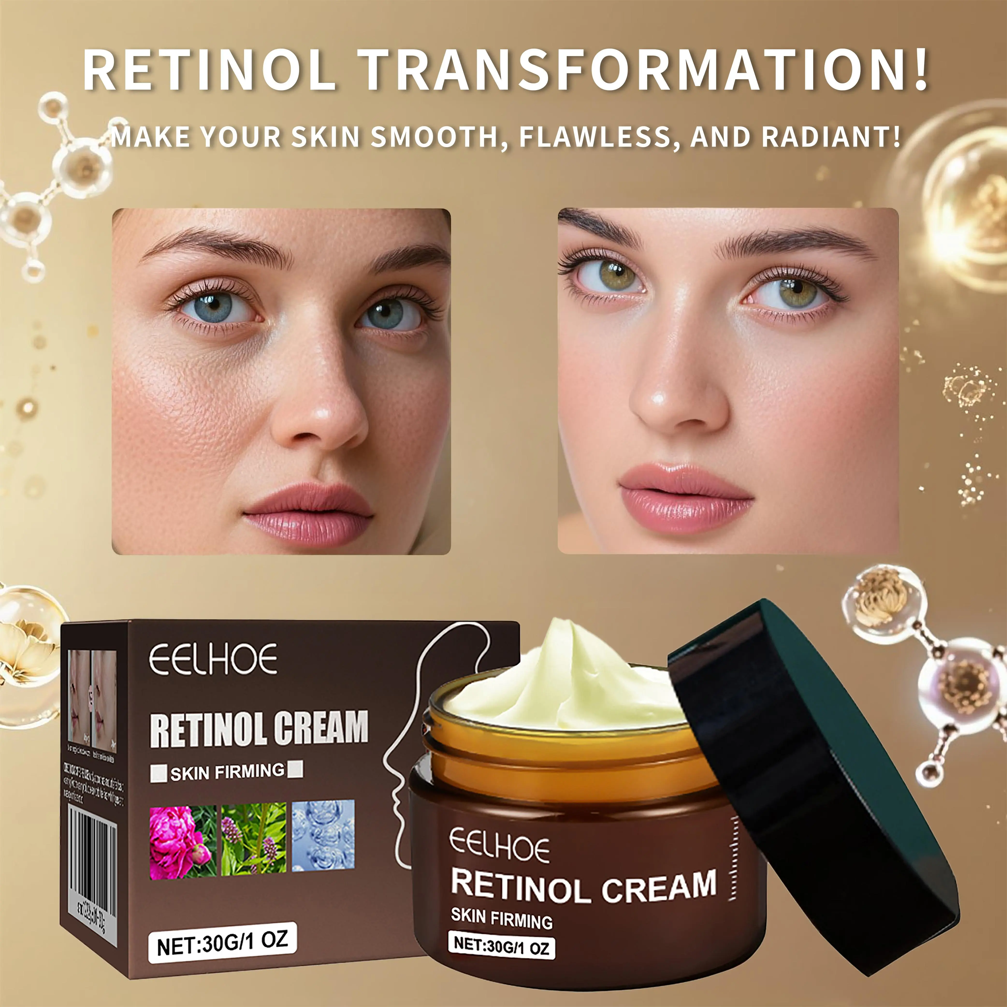 EELHOE Retinol Facial Cream - Anti-Wrinkle, Anti-Aging, Even Skin Tone, Firming, Tightening, Deep Hydrating, Daily Moisturizing with Arbutin, Glycerin, Hyaluronic Acid, Restore Skin Health - 30g, Moisturize, Skin Repair