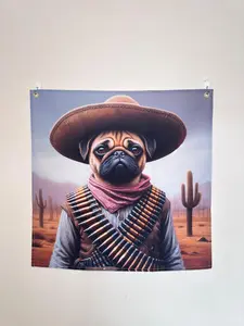 #28 Pug Bandolero In The Desert Home Wall Art Tapestry 60x60 cm Vibrant Humorous Decor for Bedrooms Offices or Dorms