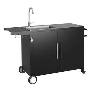 YODOLLA Outdoor Kitchen Sink with Hose Hook up, Stainless Steel Grill Prep Table Kitchen Cabinets Island, Rolling Pizza Oven Stand BBQ Table