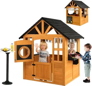 JOYMOR Kids Wooden Outdoor Playhouse for Kids Ages 3-8 with Lemonade Stand, Split Door & Pretend Play Accessories for Outdoor Backyard Imaginative Play (Light Brown)