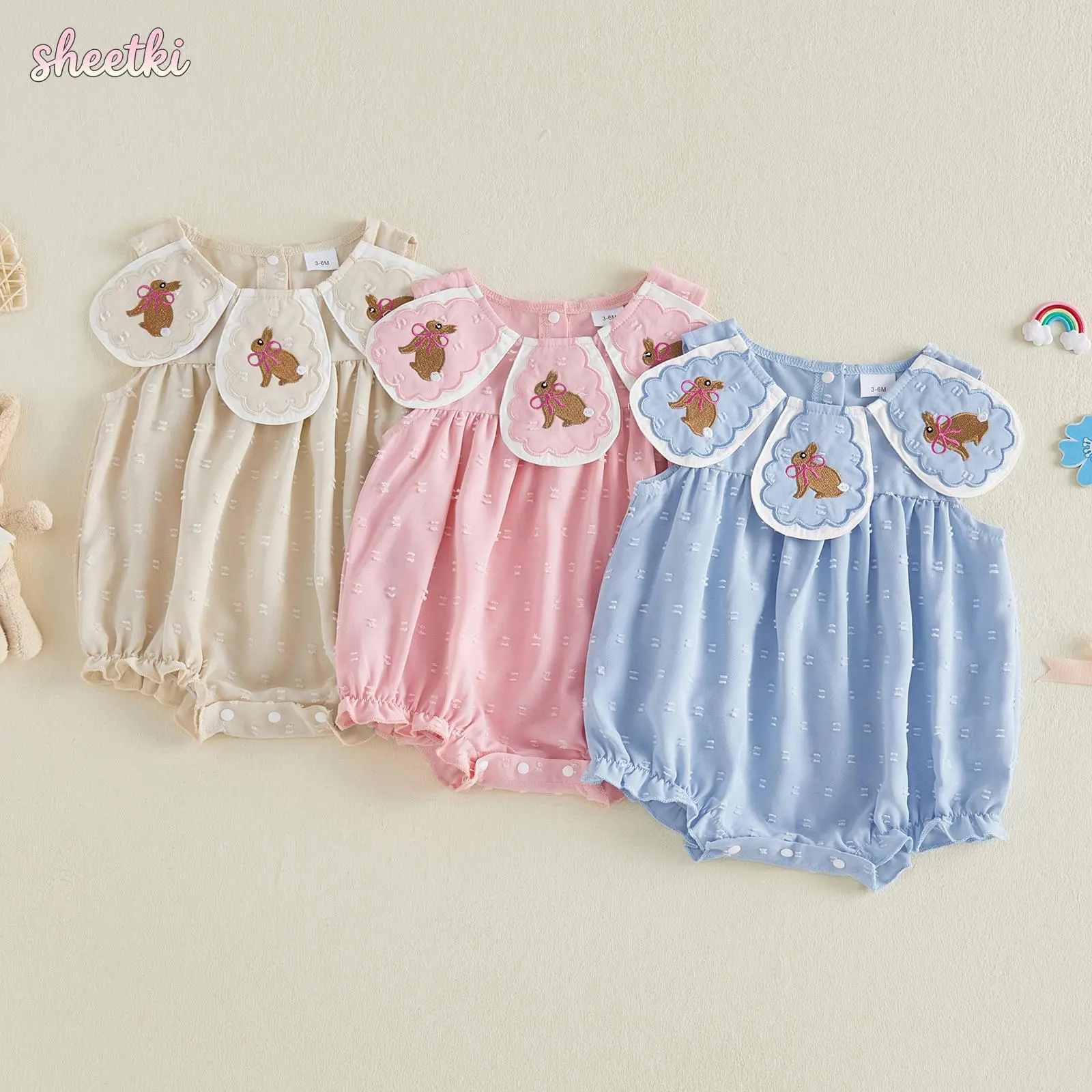 Baby Girls Rompers Easter Clothes Bunny Embroidered Crew Neck Sleeveless Infant Bodysuits Jumpsuits