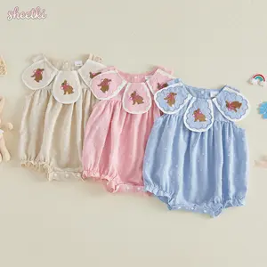 Baby Girls Rompers Easter Clothes Bunny Embroidered Crew Neck Sleeveless Infant Bodysuits Jumpsuits