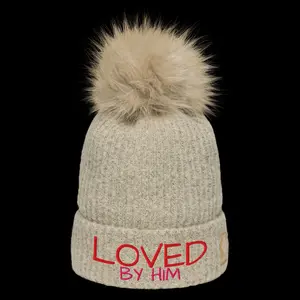 "Loved By Him" Pom-Pom Beanie - Soft Microfleece Lining, Faux-Fur Pom, Unisex Fit, Winter Gear for Cold-Weather Warriors