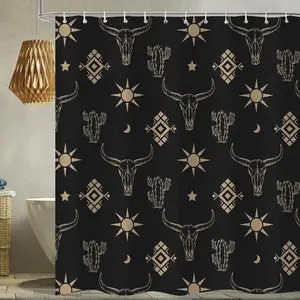 One Piece Western Bull Head and Cactus Shower Curtain, Golden Farm is perfect for bathroom decoration, partitions, beautifying spaces, waterproof, wear-resistant, easy to clean, machine washable, shower curtain hooks Bathroom Decoration Accessories