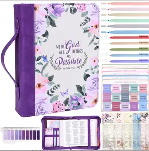 24 Pcs Bible Cover Case for Women, Bible Journaling Kit, Portable Book Carrying Holder Bag with Bible Study Supplies, Church Bag Christian Gifts for Women