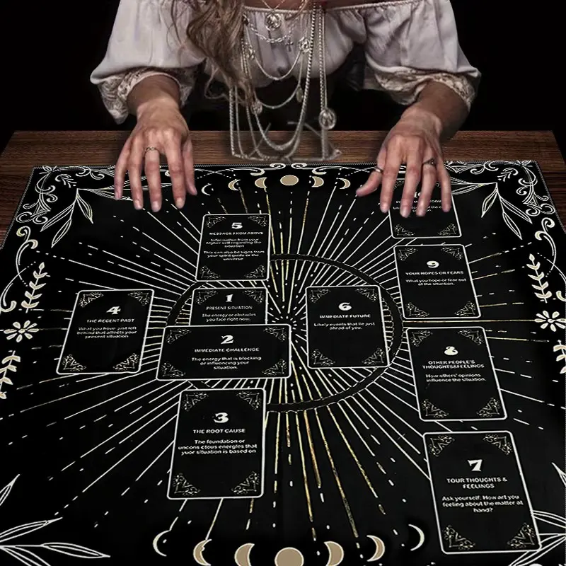 Gold Tarot Card Decorative Tablecloth Patterns, Card Divination, Astrological Themes, Protective Furniture Cover, Party Decor, Desktop Atmosphere Enhancer, Home Decoration & Ritual Supplies, Durable Fabric