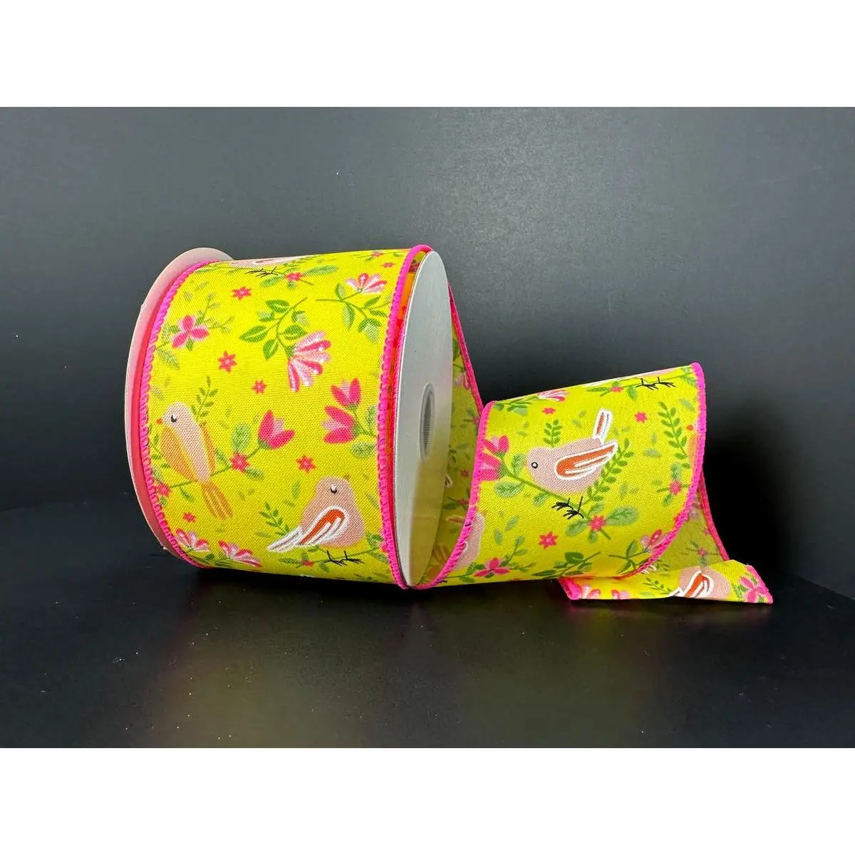 2.5"X10Y Yellow Peach Pink  Satin Spring Birds and Flowers Ribbon 41542-40-22