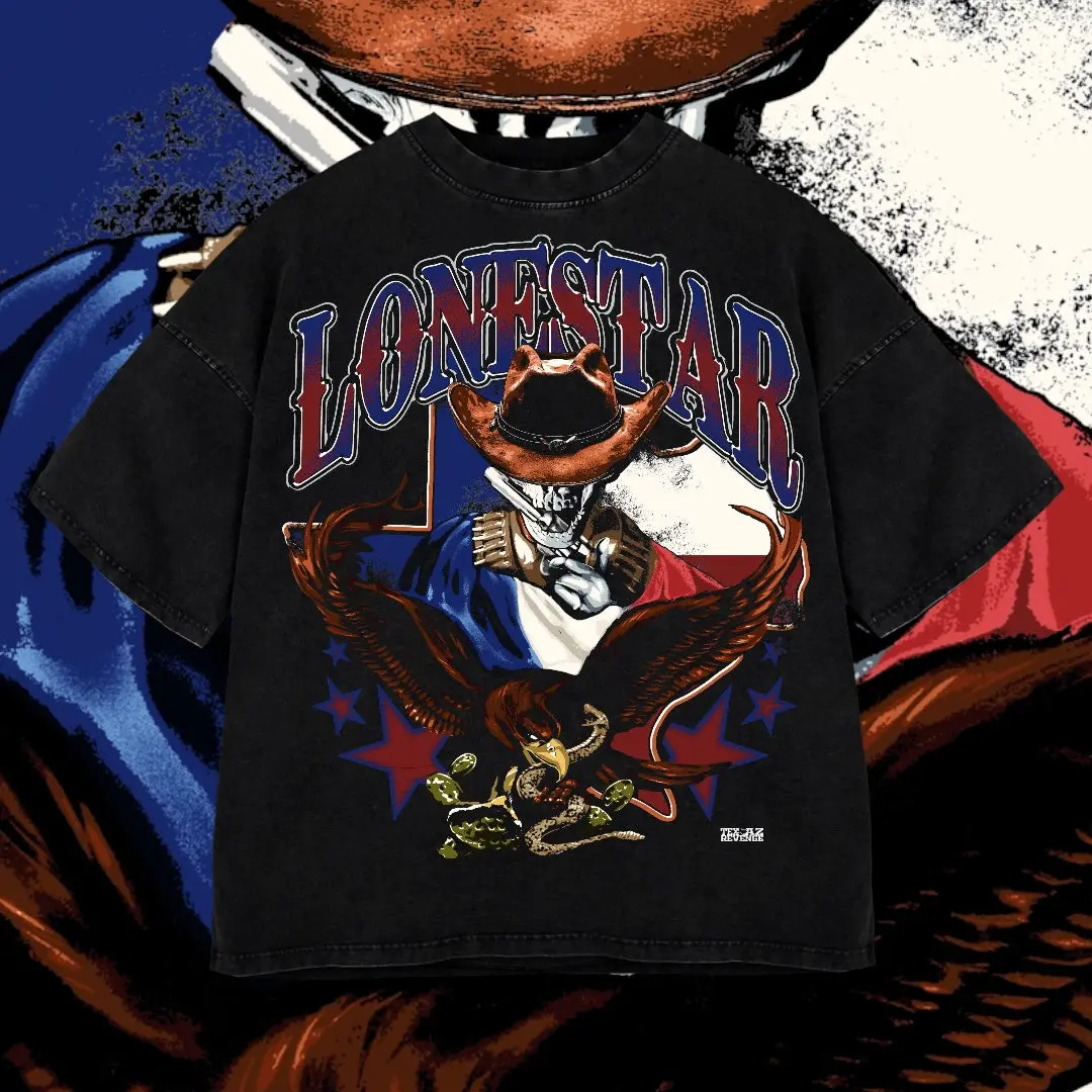 Lonestar Eagle Texas Washed T-Shirt For Men, Graphic Vintage Acid Wash Heavy Cotton Tee, Streetwear Oversized Cowboys Texas Mexican Fans, Made In US