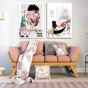 2 Pieces Framed African American Wall Art Modern Fashion Paris Pink White Afro Black Girls Women Canvas Wall Decor Pictures Posters Prints Artwork For Bathroom Living Room Bedroom Home Decoration Easy To Hang Watercolor Floral Design