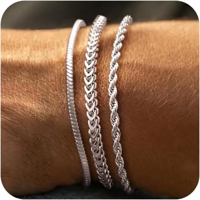 Silver Bracelet for Men, Dainty Mens Silver Bracelet Non Tanish Simple Sterling Silver Bracelets for Men Cuban Snake Rope Link Chain Bracelet Stainless Steel Mens Jewelry 6.5/7/7.5/8/8.5/9 Inch