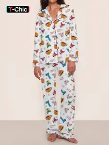 【Christmas Pajamas】Women's Christmas Pajama Set, Cozy Chic Butterfly Print Long Sleeve Top & Elastic Waist Pants, Fitted Winter Sleepwear, Perfect Holiday Gift, Loungewear, Homewear, Pjs