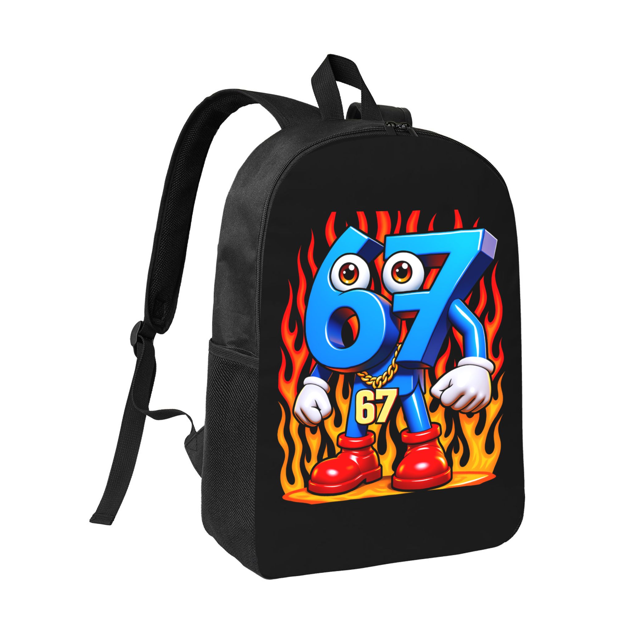 ‘67’Backpacks, shoulder bags, and storage bags in packs of 1, 2, or 3, featuring a flame-themed blue "67" cartoon character, gold chain, and red boot pattern. 2D print. Stylish and versatile, suitable for urban life, commuting, school, and everyday use.