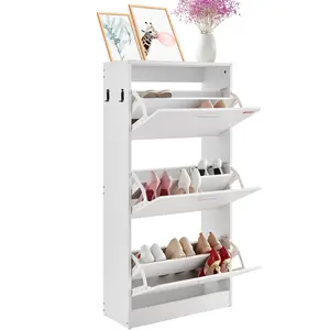 Shoe Cabinet With Three Flip Drawers And Side Hooks For Heels, Boots, And Slippers, Free-Standing Shoe Storage Organizer For Entryway, Hallway Or Living Room, Multi-Compartment Cabinet With Easy Access And Durable Construction