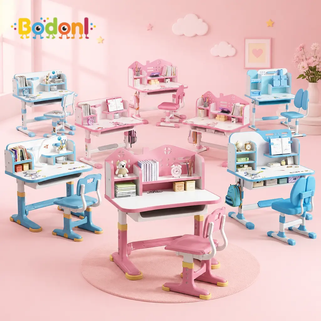 Bodonl Kids 2-Piece Study Desk and Single Seat Set, Height-Adjustable Rectangular Office Furniture with Tilt Book Stand, LED Lamp, and Large Storage Drawers