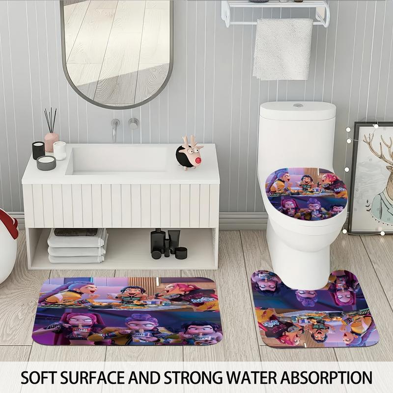K-POP Demon Hunters Bathroom Set, Including Shower Curtain with 12 Hooks, Non-Slip Bath Rug, U-Shaped Toilet Mat, Toilet Lid Cover, Bathroom Decoration Accessories