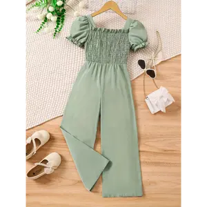 Elegant Girls' Puff Sleeve Jumpsuit with Shirred Waist - Breathable Polyester, Machine Washable - Perfect for Spring/Summer Outdoor Events - For Girls - Stylish & Comfortable - Great Gift for Birthdays & Holidays