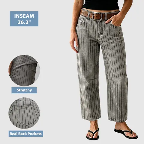 Flamingals Pinstriped Mid Waist Straight Leg Cropped Pants Without Belt Stretchy 26.2'' Inseam
