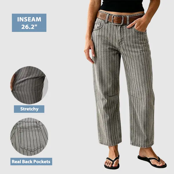 Flamingals Pinstriped Mid Waist Straight Leg Cropped Pants Without Belt Stretchy 26.2'' Inseam
